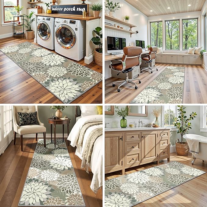 Area Rug 2x6 Brown White Washable Entry Rug Multicolored Tropical Botanical Modern Floral Indoor Kitchen Door Mat Entrance Carpet Non Slip for Bedroom Living Room, Porch-Ruum Studio Home
