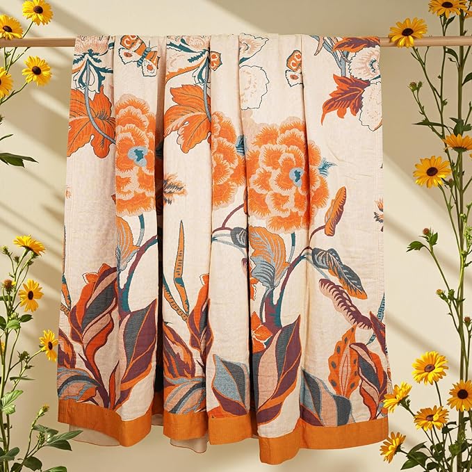 Boho Throw Blanket, 100% Organic Cotton Breathable Soft Lightweight All Season Rustic Bed Throw - Floral Bird Farmhouse Decor Blanket for Sofa Couch Chair Quilt and Gift. 60" x 80"-Ruum Studio Home