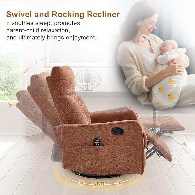 Manual Swivel Rocker Recliner Chair for Adults, Overstuffed Reclining Glider Chair for Nursing with Vibration Massage & Heat, Living Room Rocking Recliner 2-Stage backrest, Chenille Fabric Orange-Ruum Studio Home