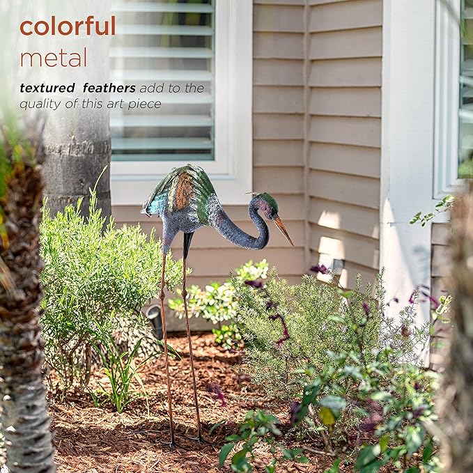 Alpine Corporation 30" Tall Outdoor Rustic Metal Bowing Crane Statue Yard Art Decoration-Ruum Studio Home