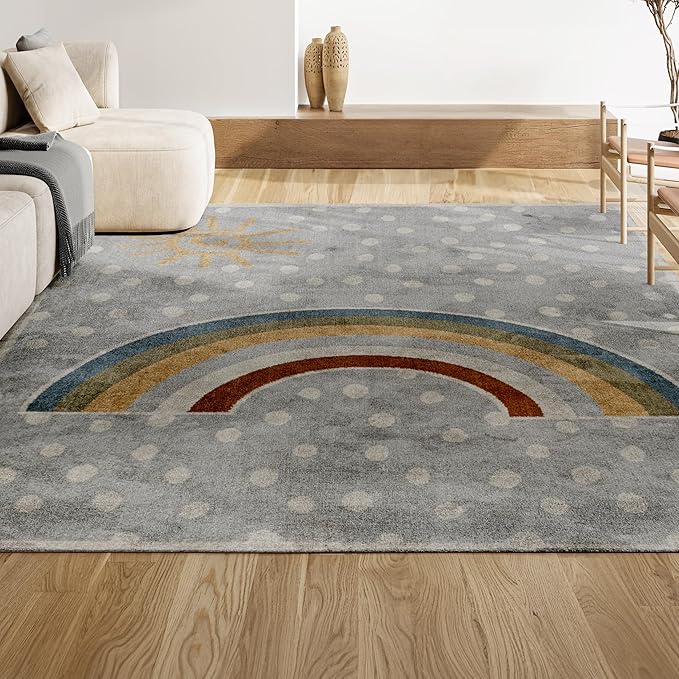 JONATHAN Y Machine-Washable Gray/Ivory/Yellow Indoor Area Rug, 5x8, Minha Rainbow Dots, Kids & Novelty, Casual, Classic, Bedroom, Kitchen, Living Room, Easy-Cleaning, Non-Shedding (KDW102A-5)-Ruum Studio Home