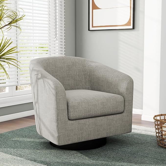 Swivel Barrel Accent Chair, Modern Round Linen Arm Chair for Living Room, Bedroom, Comfy Club Reading Chairs for Adults（Linen Fabric, Khaki, Set of 1-Ruum Studio Home