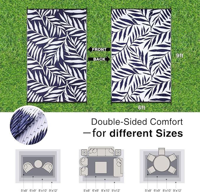 OLANLY Waterproof Outdoor Rug 6x9 ft, Reversible Outdoor Plastic Straw Rug with Leaf Pattern, RV Mat, Indoor Outdoor Carpet for Patio, Camping, Balcony, Deck, Backyard, Navy & White-Ruum Studio Home