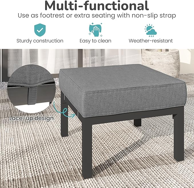 Solaste Outdoor Footstools Patio Ottoman Set of 2, Aluminum All-Weather Outdoor Footrest Seat with Removable Cushions, Patio Furniture Ottomans for Garden, Backyard, Poolside-Gray-Ruum Studio Home