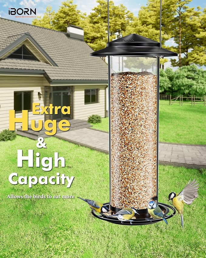 iBorn Metal Bird Feeder for Outside Hanging,Wild Bird Feeders for Cardinal,18cm Large Roof&Green,42CM Long,4.5lb High-Capacity(Seed is not Included)-Ruum Studio Home