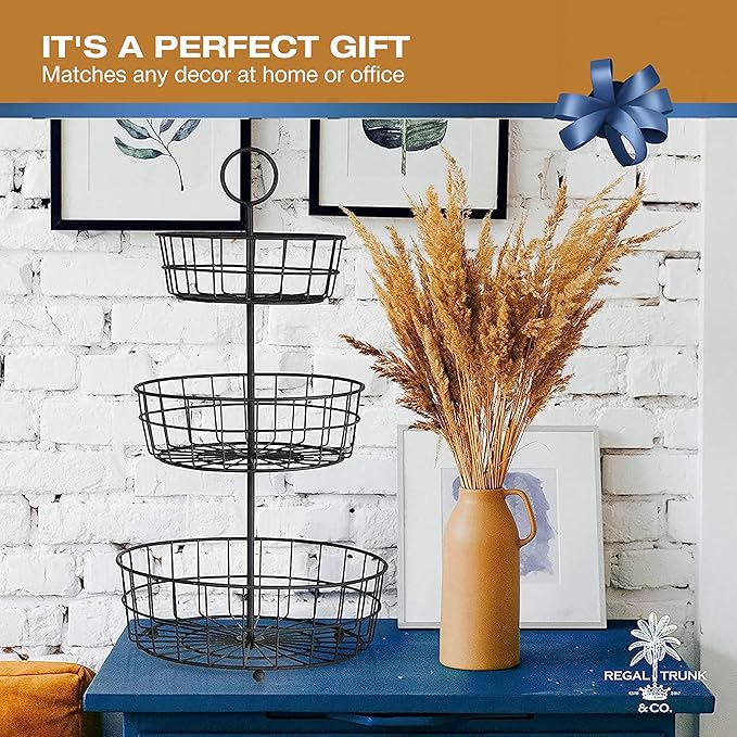 REGAL TRUNK & CO. 3 Tier Fruit Basket, Elegant French Country Wire Baskets, Three Tiered Wire Basket Stand for Vegetables, Bread & More for Countertop or Hanging, Christmas or Birthday Present-Ruum Studio Home