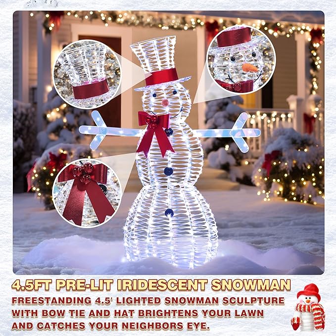 4.5FT Lighted Snowman for Christmas Decoration, 3D Pre-Lit Iridescent Snowman Xmas Decor with 100 LED Lights, Glittered Standing Holiday Display for Outdoor, Indoor-Ruum Studio Home