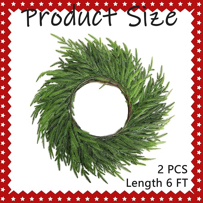 Watayo 2 Pcs Christmas Norfolk Pine Garland, 6 Ft Dense Real Touch Pine Garland Ornament, Realistic Artificial Pines Greenery Garlands for Mantle, Table, Fireplace, Indoor, Outdoor Xmas Decoration-Ruum Studio Home