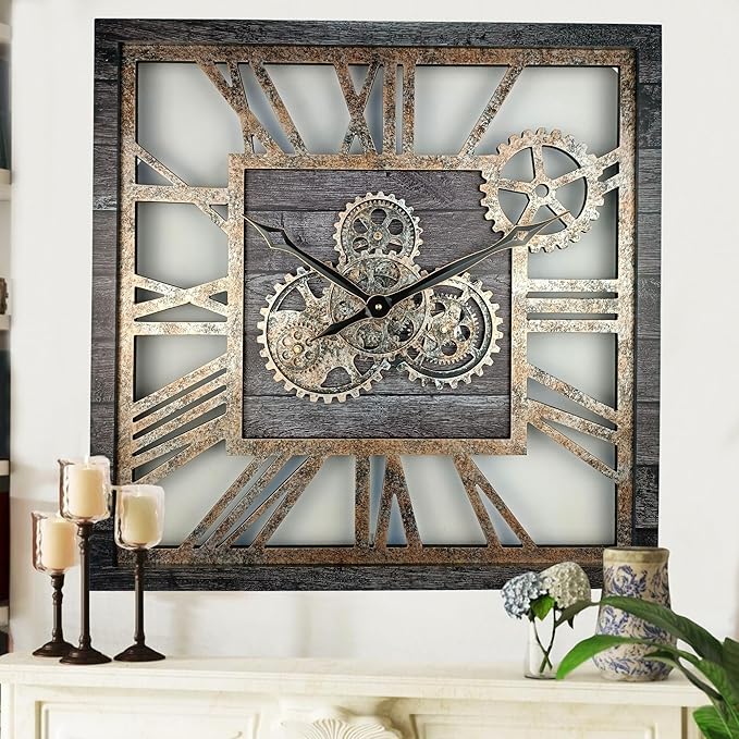 The Gears Clock 24'' Inch Square Real Moving Gear Wall Clock Vintage Industrial Oversized Rustic Farmhouse (Carbon Grey)-Ruum Studio Home