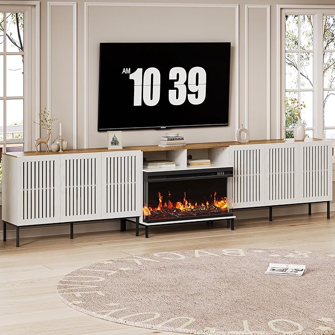 3-Sided Glass Farmhouse Fireplace TV Stand for TVs Up to 110 Inch, Entertainment Center with 36" Electric Fireplace, Antique White TV Console with Storage Cabinets for Living Room-Ruum Studio Home