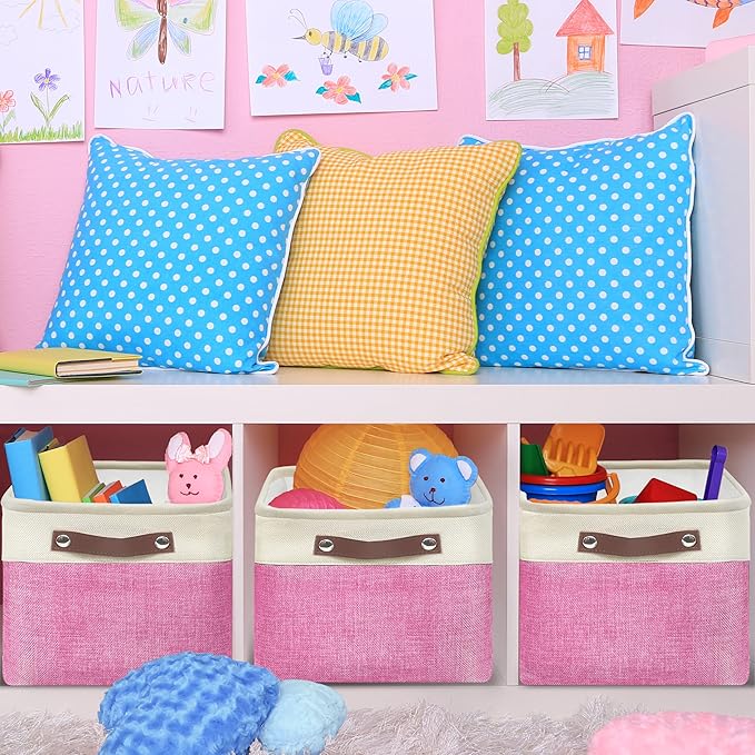 SIMPLE HOUSEWARE Large Fabric Storage Bin, 15" x 11" with Leather Like Handles, 3 Pack, Pink-Ruum Studio Home