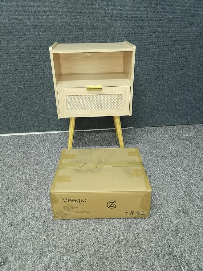 Rattan Nightstand,Modern Bedside Table with Storage Drawer and Open Wood Shelf, for Living Room, Bedroom and Small Spaces, Accent Night Stand with Solid Wood Legs, Easy Assembly,(Oak)-Ruum Studio Home