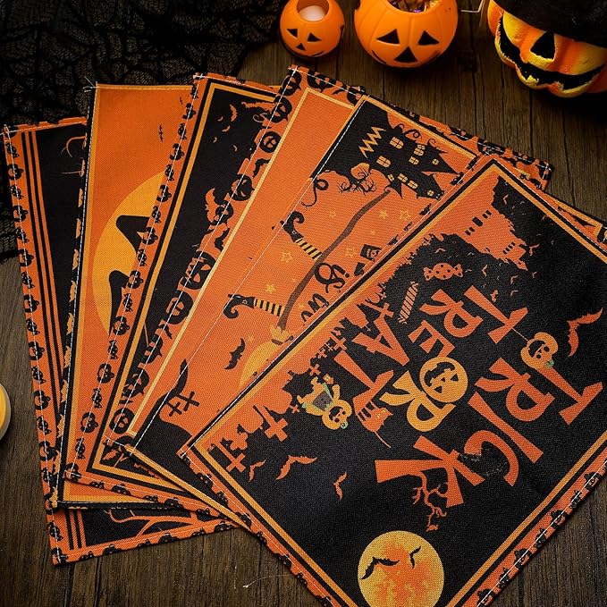 Umigy 6 Pcs Halloween Placemats 12"x18" Gothic Bat Placemats Kitchen Decoration Washable Witch Place Mats Rectangle Skull Table Mats for Halloween Dining Table Accessories(Black Orange Style)-Ruum Studio Home