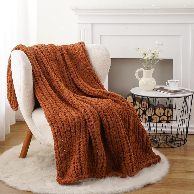 Battilo Chunky Knit Throw Blanket, Soft and Thick Chenille Throw Blanket, 50"x60" Handmade Cable Knit Crochet Blanket, Large Rope Knot Throw Blankets for Couch Sofa Bed Home Decor, Caramel-Ruum Studio Home