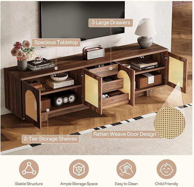 Tribesigns 70.9" TV Stand for TVs up to 80 Inches, Mid-Century Modern Entertainment Center with Storage and Drawers, Rattan Media Console TV Cabinet for Living Room, Bedroom, Walnut-Ruum Studio Home
