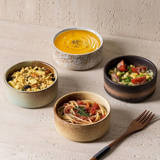 Ceramic Bowl Sets of 4, 4.5 Inches Mix Color, Small Bowls Set Farmhouse Vintage Color Bowls for Kitchen, 10 oz Bowl for Dessert, Dip, Side Dishes, Ice Cream, Fruit, Rice Dishwasher Microwave Safe-Ruum Studio Home