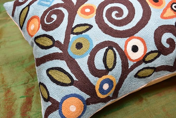 Lumbar Klimt Pillow Cover | Green Birds | Tree of Life | Modern Floral | Outdoor Pillows | Mid Century Chair Cushion | Handmade Wool Size 14x20-Ruum Studio Home