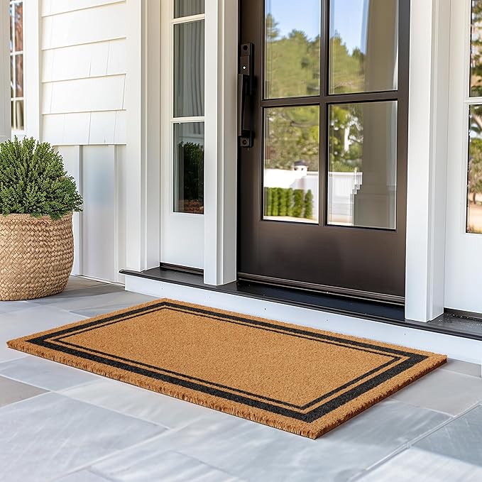 Barnyard Designs Natural Coco Coir Heavy Duty Backing Doormat - Large Cute Non-Slip Front Door Welcome Mat for Outside Entrance or Porch Entry, Brown (30x48, Border)-Ruum Studio Home