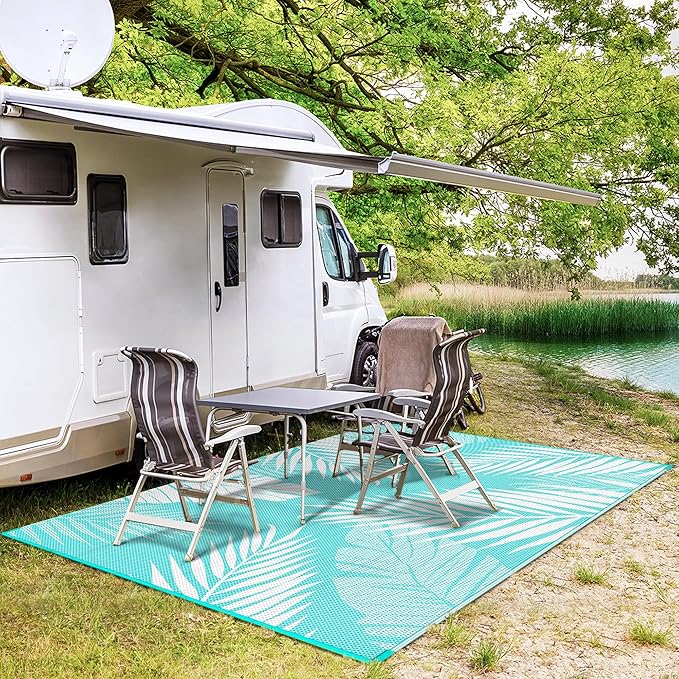 GENIMO Outdoor Rug 6' x 9' Waterproof for Patios Clearance, Reversible Outdoor Plastic Straw Camping Rug Carpet, Large Area Rugs Mats for RV, Camper, Deck, Balcony, Porch, Beach, Aqua Blue&White-Ruum Studio Home