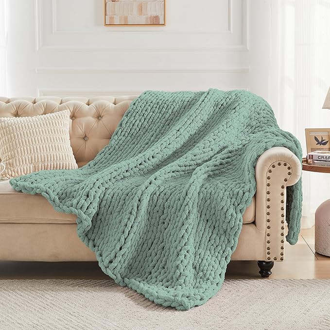 Carriediosa Chunky Knit Throw Blanket 60" X 80" Twin, 100% Hand Made Large Chenille Loop Yarn Soft Fluffy Throws for Couch Sofa Bed, Big Crochet Cozy Heavy Thick Cable Woven Blankets, Sage Green-Ruum Studio Home