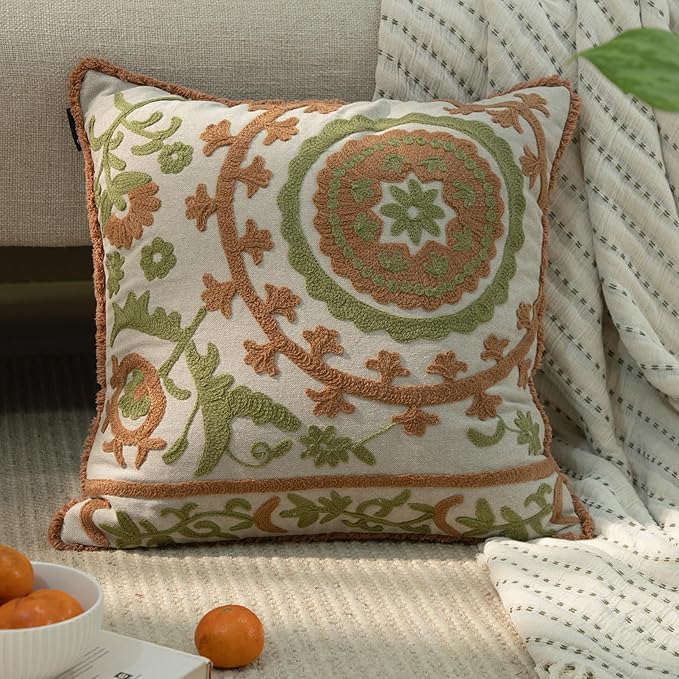 Embroidered Mandala Floral Vintage Indian Cotton Decorative Embroidery Throw Pillow Covers, Fringes Lace Cushion Cover, Pillow Case for Sofa Couch Bed Chair 18" x 18"-Ruum Studio Home
