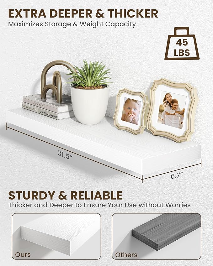 Marsmiles 31.5" Floating Shelves for Wall, Wooden Shelves with Invisible Brackets Set of 2, Rustic Farmhouse Wall Mounted Shelf for Kitchen Bathroom Living Room Study, White-Ruum Studio Home