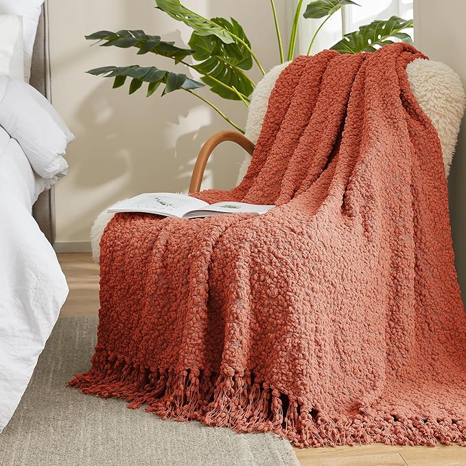 Amélie Home Knit Throw Blanket with Tassels for Couch, Luxury Boho Throw Blanket for Summer Orange, 50"x60"-Ruum Studio Home