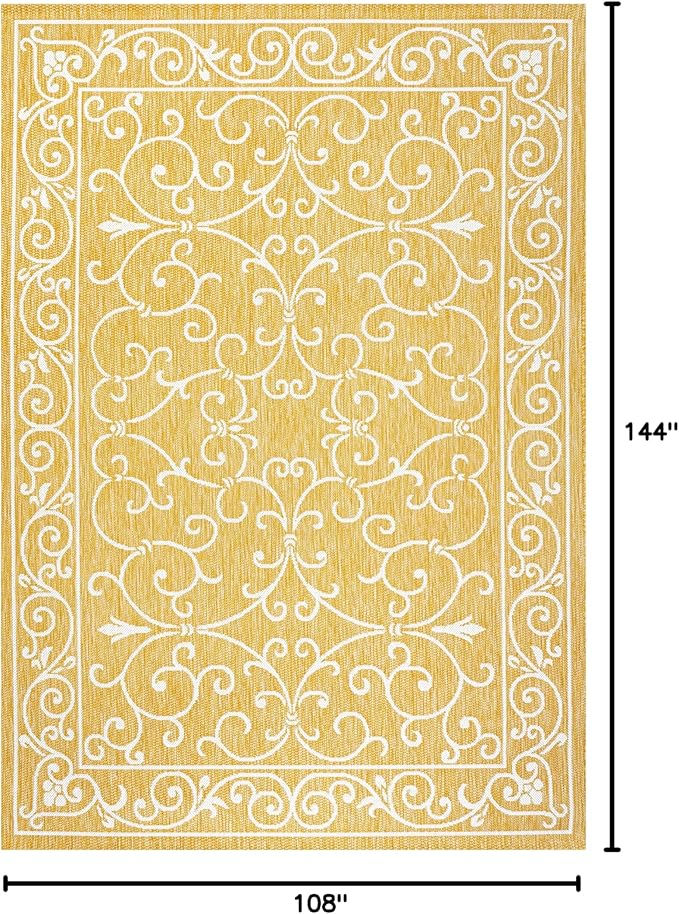 JONATHAN Y Vintage Filigree Indoor Outdoor Area Rug 9X12 Yellow/Cream, Charleston Textured Weave for Backyard, Patio, Porch, Easy-Cleaning, High Traffic, Pet-Friendly, Non-Shedding (SMB106L-9)-Ruum Studio Home