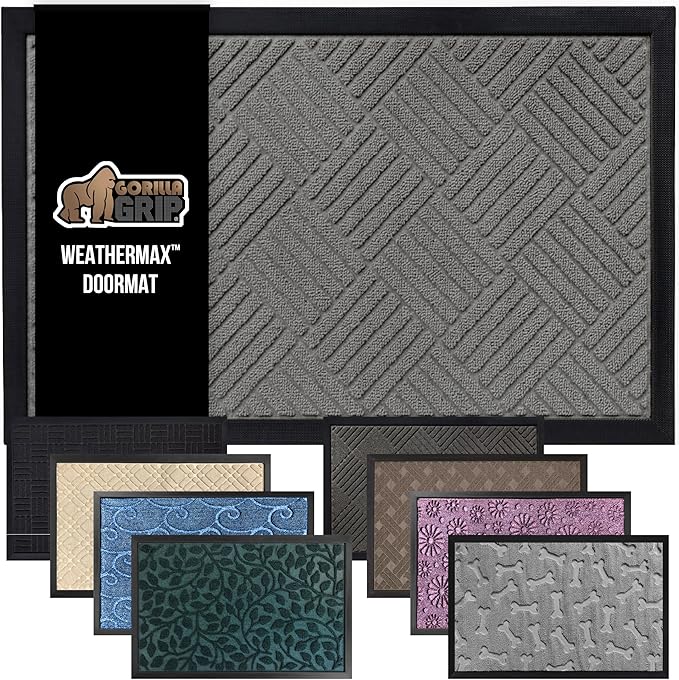 GORILLA GRIP 100% Waterproof All-Season WeatherMax Doormat US Designed Natural Rubber, Stain and Fade Resistant, Low Profile Indoor Outdoor Door Mats, Easy Clean Patio Mat, 17x29, Steel Diamond-Ruum Studio Home