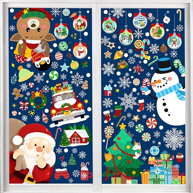 Christmas Window Clings - Christmas Large Window Stickers for Glass Window, Reusable Static Vinyl Double-Sided Winter Decals, Cute Snowflake Snowman Holiday Xmas Decorations, 197 PCS/9 Sheet-Ruum Studio Home