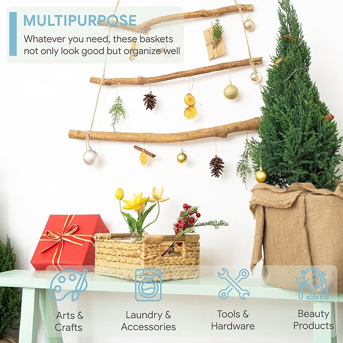 VATIMA Hyacinth Small Wicker Basket 11.6x8.1x4.9" - Bathroom Organizer, Wooden Handle, Decorative Storage-Ruum Studio Home