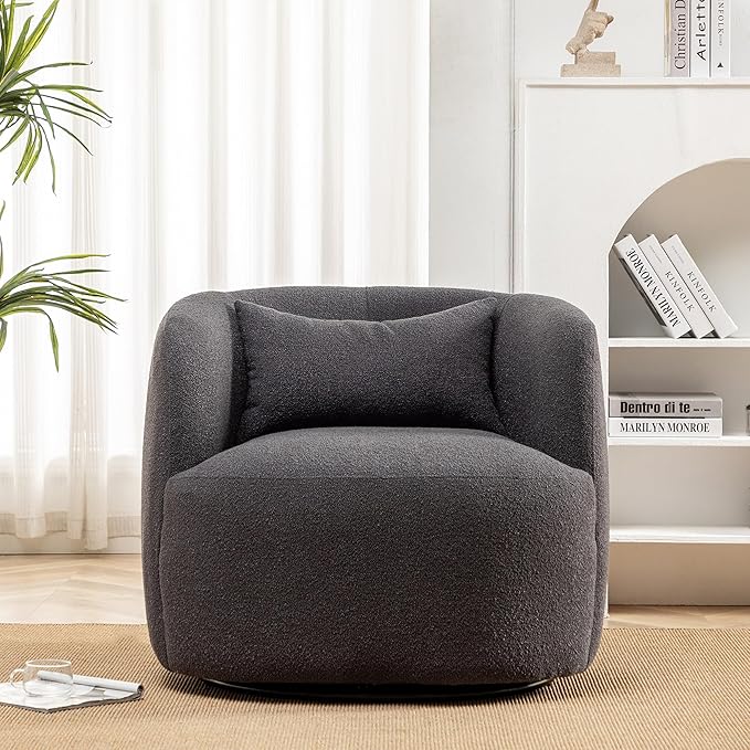 KINWELL 34" Wide Boucle Swivel Barrel Chair, No Assembly Round Upholstered Armchair Accent Chair Single Sofa Chair with Toss Pillow for Living Room and Bedroom, Dark Grey-Ruum Studio Home