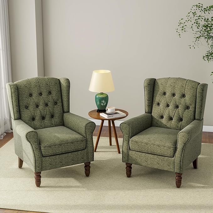 Accent Chair, Upholstered Armchair with Button Tufted High Back & Solid Wood Legs, Comfy Wingback Reading Single Sofa Chair for Small Spaces, Living Room, Bedroom (Green, Set of 2)-Ruum Studio Home