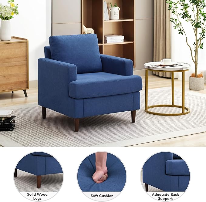 Mid-Century Accent Chair,Modern Linen Fabric Armchair for Living Room,Comfy Upholstered Reading Accent Chairs for Bedroom,Single Sofa Chair with Wood Legs (Blue, 1 Pack)-Ruum Studio Home