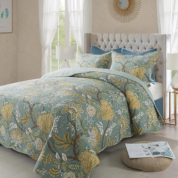 NEWLAKE Cotton Bedspread Quilt Sets-Reversible Patchwork Coverlet Set, Green Floral Pattern, Queen Size-Ruum Studio Home