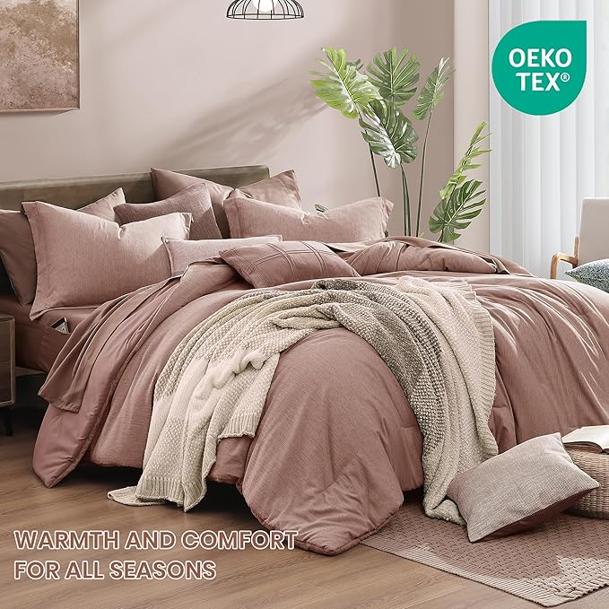 Monbix Queen Comforter Set - 7 Pieces Dusty Pink Cationic Dyeing Bed in a Bag Queen Bedding Sets with Sheets, Pillowcases & Shams, Reversible Bedding Comforters-Ruum Studio Home