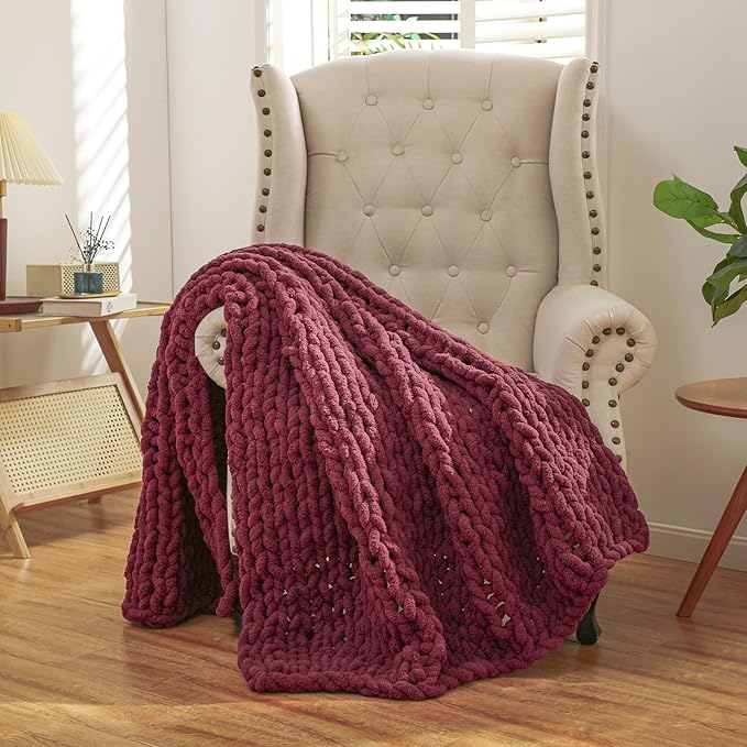 WESHIONGOO Chunky Knit Blanket Throw 50"×60" Knitted Throw Blankets for Couch Bed Fluffy Soft Blanket with Jumbo Chenille Yarn Thick 100% Handmade(Burgundy Red)-Ruum Studio Home