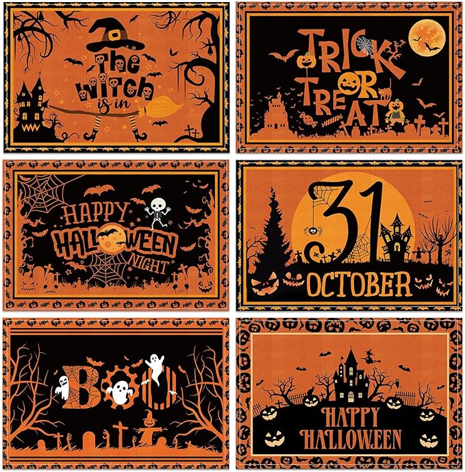 Umigy 6 Pcs Halloween Placemats 12"x18" Gothic Bat Placemats Kitchen Decoration Washable Witch Place Mats Rectangle Skull Table Mats for Halloween Dining Table Accessories(Black Orange Style)-Ruum Studio Home