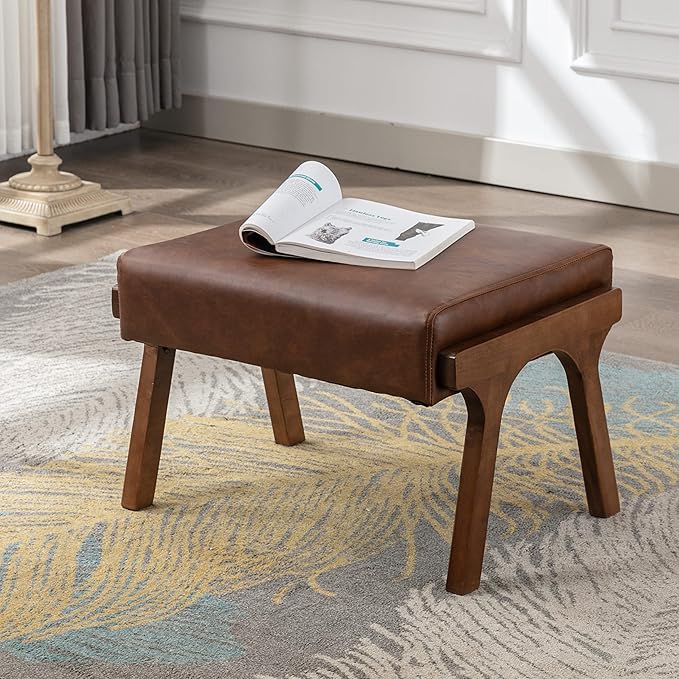 chairus 2 Sets Mid-Century Modern Accent Chairs with Ottoman, Faux Leather Armchair with Wood Legs Comfy Upholstered Single Sofa Chair for Living Room/Bedroom/Lounge, Brown-Ruum Studio Home