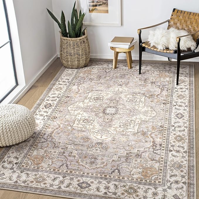 Washable Area Rugs for Living Room - 5x7 Neutral Vintage Distressed Floral Farmhouse Boho Large Soft Floor Rug Indoor Non Slip Carpet for Bedroom Dining Room Office - Grey Brown-Ruum Studio Home