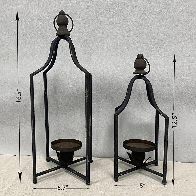 Large Tall Shabby Chic Lanterns Decorative Indoor Outdoor, Outside Gifts Front Porch Patio Vintage Metal Candle Holders, Fireplace Table Floor Farmhouse Rustic Decor Set of 2-Ruum Studio Home