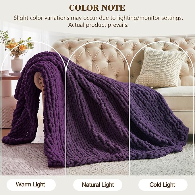 Carriediosa Chunky Knit Throw Blanket 60" X 80" Twin, 100% Hand Made Large Chenille Loop Yarn Soft Fluffy Throws for Couch Sofa Bed, Big Crochet Cozy Heavy Thick Cable Woven Blanket, Dark Purple-Ruum Studio Home