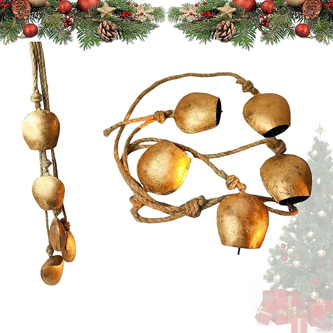 Harmony 5 Cow Bells Cluster on Rope - Large Rustic Vintage Lucky Cow Bells On Rope Wall Hanging Decor-Ruum Studio Home