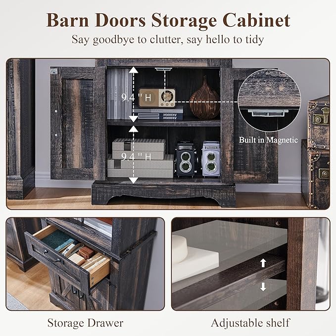 RedLemon Bookshelf with Storage Cabinet, 72" Tall Farmhouse Bookcase with Adjustable Shelves and Barn Door, 4 Tier Office Wood Bookshelf with Drawer for Office Library Living Room (Dark Rustic Oak)-Ruum Studio Home