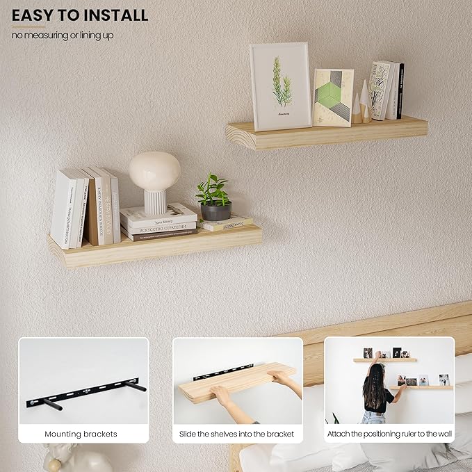 Natural Wood Floating Shelves 16”x 8”x 1.4” Book Shelf Floating for Wall Mounted, Heavy Duty Shelf Hold 35 lbs, Unfinished Wall Shelves for Bathroom, Living Room, Kitchen, Bedroom, Office-Ruum Studio Home