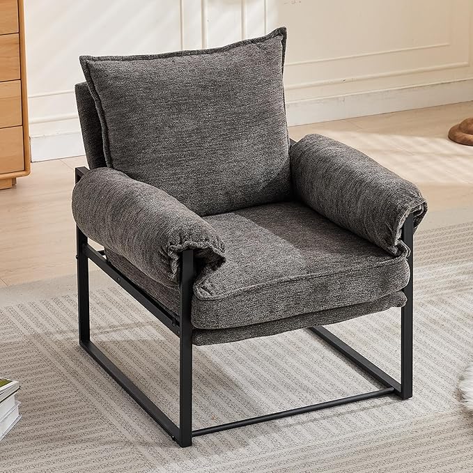 YISHENG Accent Chair with 6-Angle Adjustable Backrest, Chenille Fabric Living Room Chair Upholstered Lounge Chair, Modern Chair Cozy Reclining Chair for Reading Room, 1PC Gray-Ruum Studio Home