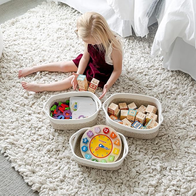 NaturalCozy 5-Piece Rectangle Storage Basket Set- Natural Cotton Rope Woven Baskets for Organizing! Small Basket for Montessori, Baby Nursery, Dog Toy Baskets, Cat Toy Box, Bathroom Organization Bin-Ruum Studio Home