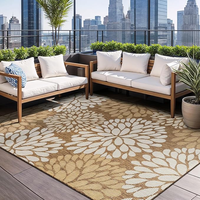 Beverly Rug Outdoor Rug 9x12 Modern Exotic Tropical Leaf Area Rugs for Indoor and Outdoor Patio Deck Porch Garden Water Resistant Washable Outside Carpet (9 x 12 Wooden)-Ruum Studio Home
