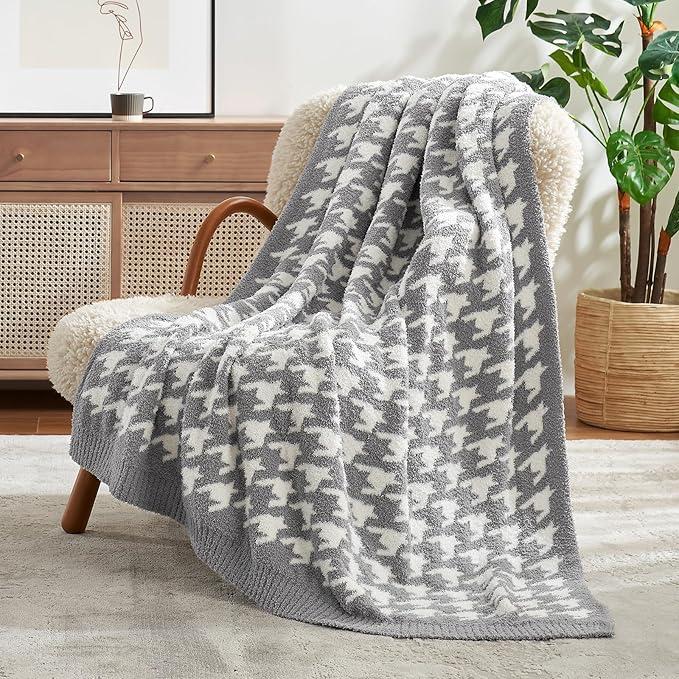 Snuggle Sac Houndstooth Throw Blanket for Couch, Reversible Super Soft Warm Blankets Cozy Knit Fuzzy Plush Lightweight Throws for Sofa, Bed, Camping, Grey,50x60 inches-Ruum Studio Home