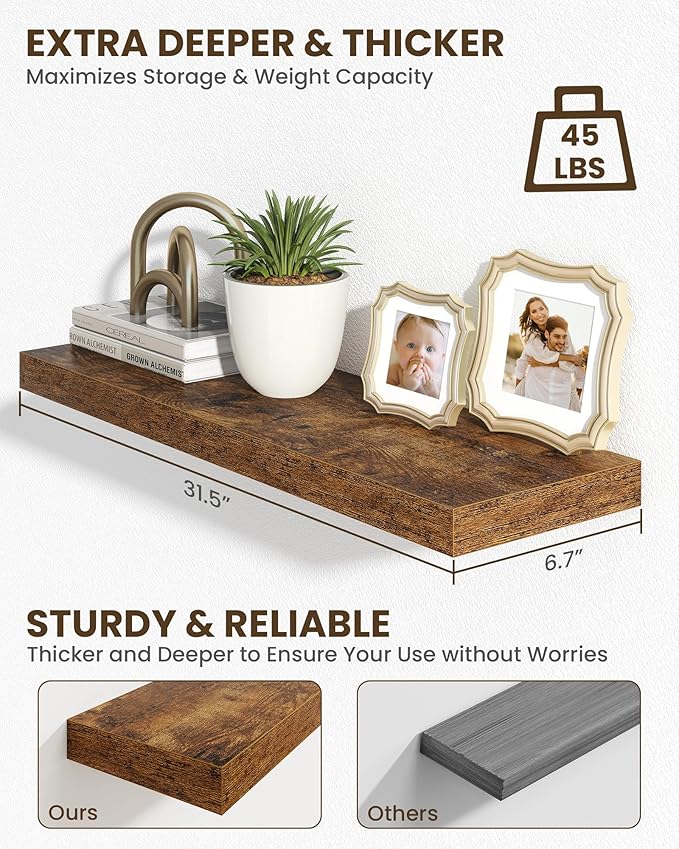 Marsmiles 31.5" Floating Shelves for Wall, Wooden Shelves with Invisible Brackets Set of 2, Rustic Farmhouse Wall Mounted Shelf for Kitchen Bathroom Living Room Study, Rustic Brown-Ruum Studio Home